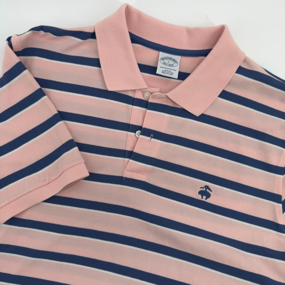 Brooks Brothers Mens Performance Polo Shirt Large Slim Fit Pink Navy Blue Stripe